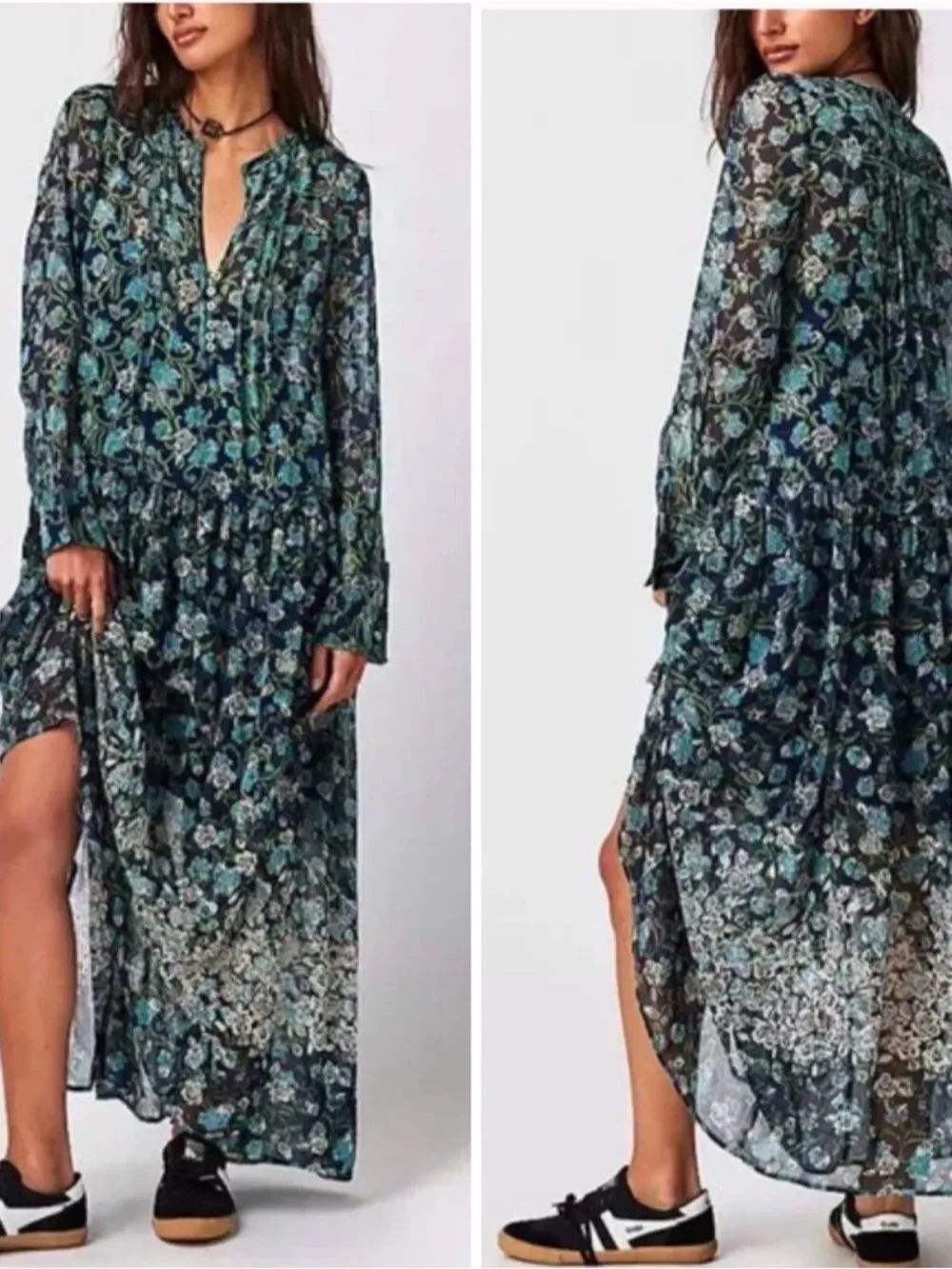 Free People Navy Blue Floral Boho Maxi Dress XS Cottagecore Festival Midi Maxi